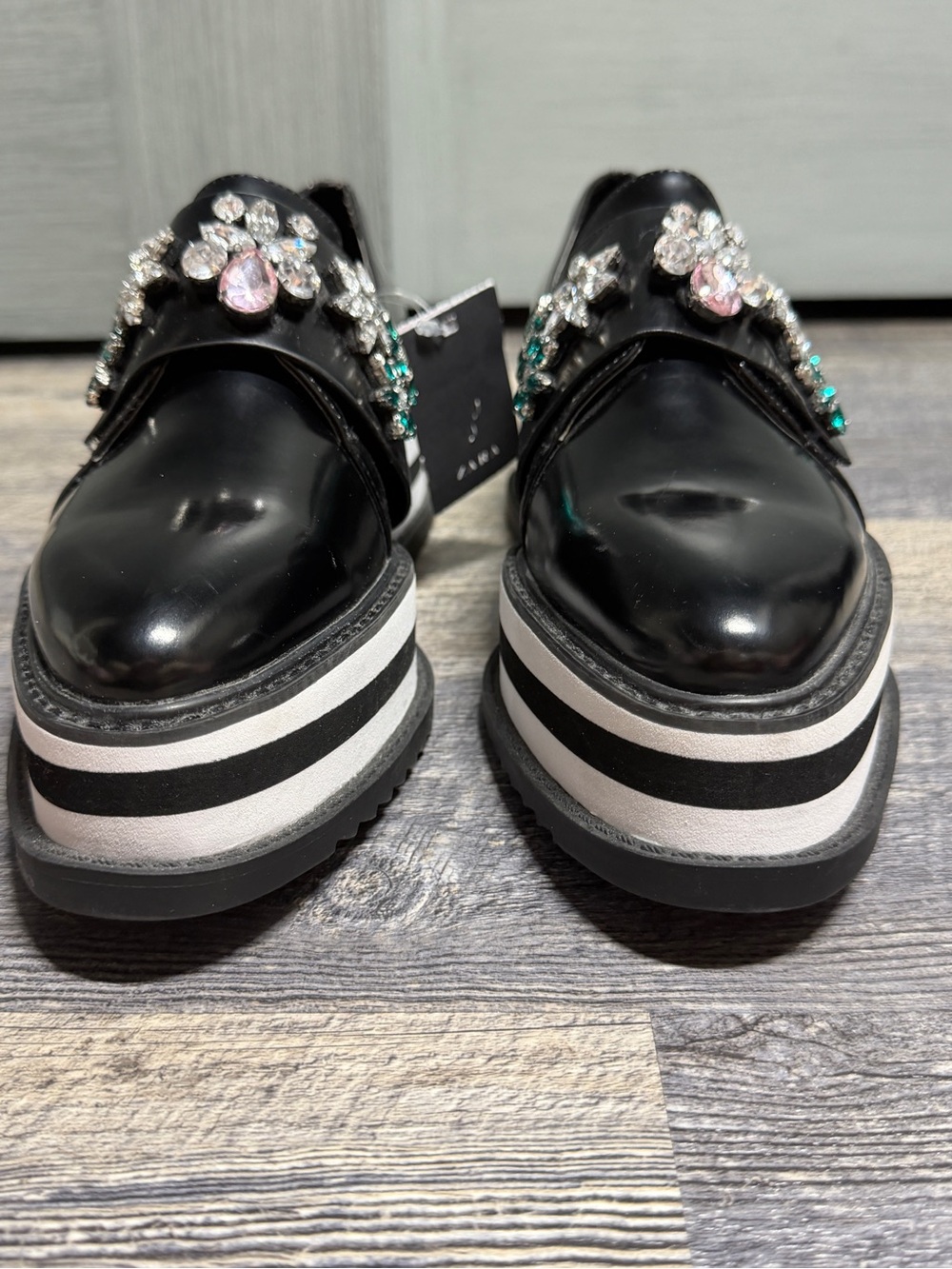 Zara Trafaluc Jeweled Platform Loafers Black Rhinestone Floral Shoes EU 39 US 8 - Picture 2 of 14